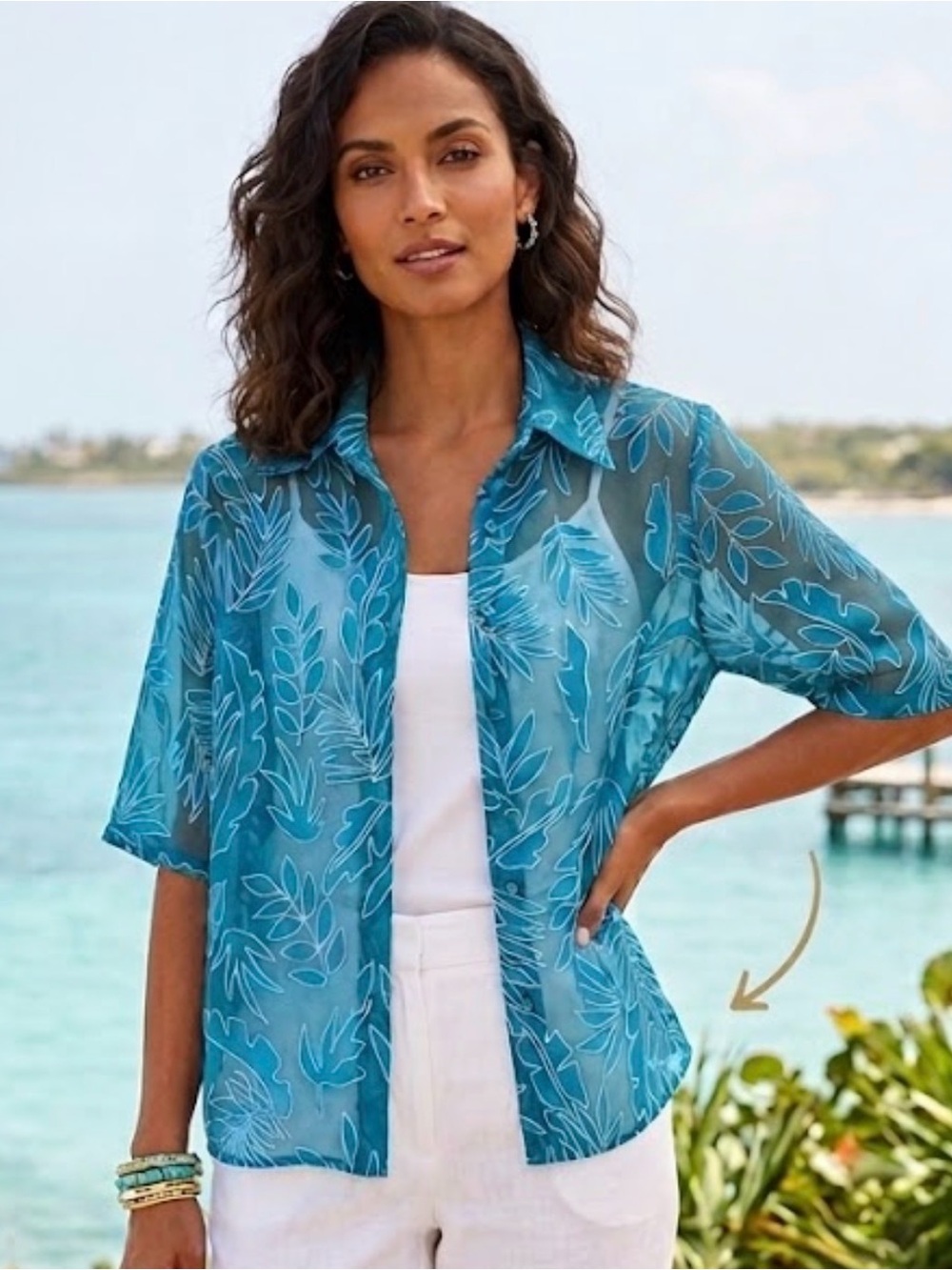Bon Worth Teal Blue Sheer Leaf-Print Button-Down Shirt